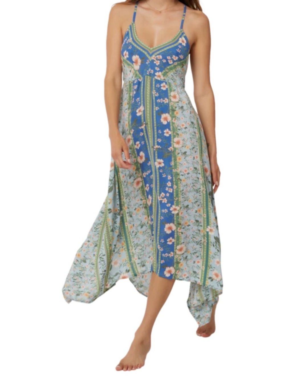 O'Neill Blue, Green & Cream Floral Asymmetrical Maxi Dress Sz Large